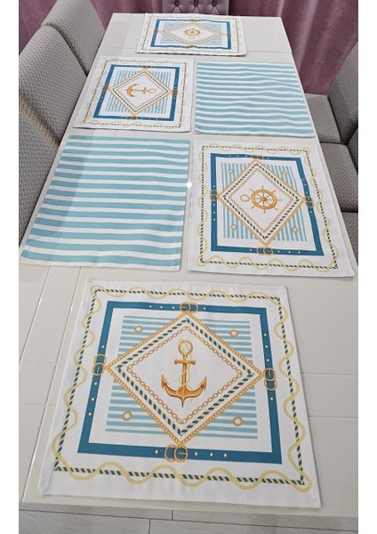 Çapa ve Dümen Desenli Çizgili 6'lı Amerikan Servis