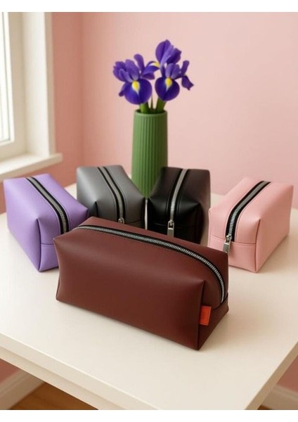 Kahverengi Makyaj Kozmetik Çantası - Kalemlik Büyük Boy Seyahat Şık Makyaj Çantası Tek Bölmeli modelleri