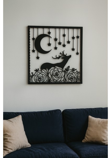 Yıldızlı Gece Geyik Metal Tablosu | Çiçek Temalı Siyah Dekor