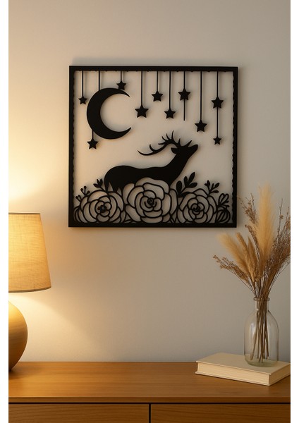 Yıldızlı Gece Geyik Metal Tablosu | Çiçek Temalı Siyah Dekor fiyatları