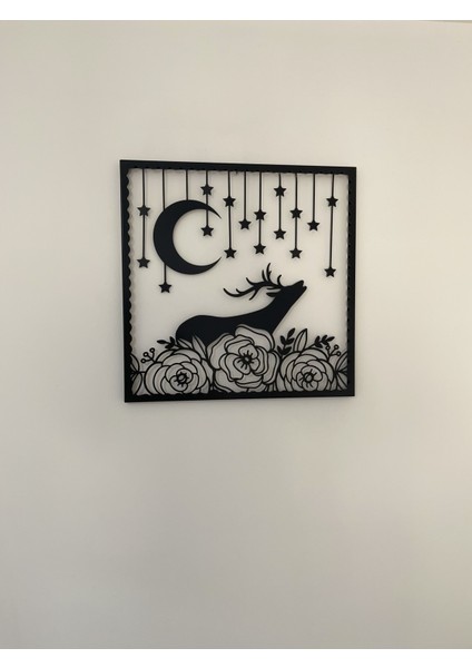 Yıldızlı Gece Geyik Metal Tablosu | Çiçek Temalı Siyah Dekor modelleri