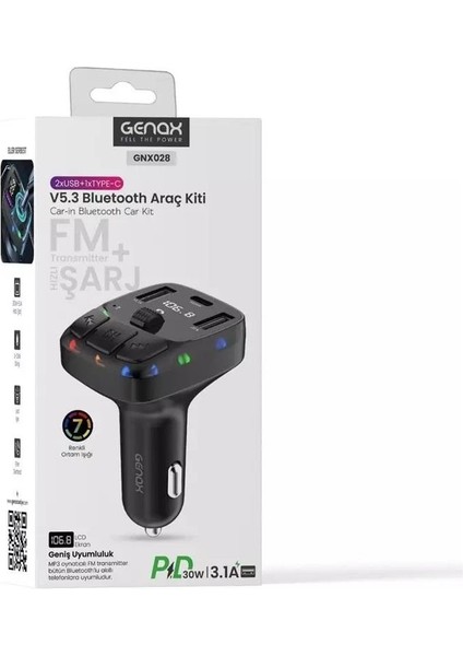 GNX028 V5.3 Bluetooth Fm Transmitter Araç Kiti 2xusb 1xtypec 30W Pd Hızlı Şarj Destekli