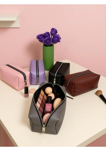 Kahverengi Makyaj Kozmetik Çantası - Kalemlik Büyük Boy Seyahat Şık Makyaj Çantası Tek Bölmeli
