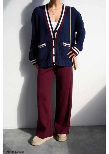 Lacivert Şeritli Örgü Triko Hırka