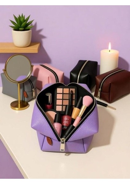 Kahverengi Makyaj Kozmetik Çantası - Kalemlik Büyük Boy Seyahat Şık Makyaj Çantası Tek Bölmeli