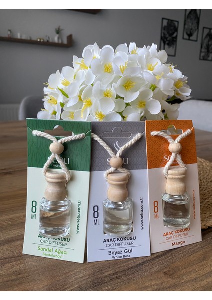 3 Adet Araç Kokusu (Beyaz Gül - Mango - Sandal Ağacı) 8 ml
