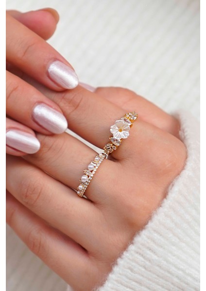 Çiçek & Inci Gold Yüzük Seti – Ayarlanabilir Kadın Yüzük