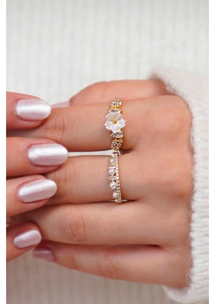 Çiçek & Inci Gold Yüzük Seti – Ayarlanabilir Kadın Yüzük fiyatları