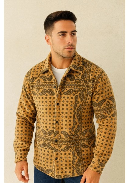 Mdb Erkek Desenli Düğmeli Polar Gömlek – Hardal Paisley Desen Yakalı, Uzun Kollu, Oversize Rahat Kalıp Arı