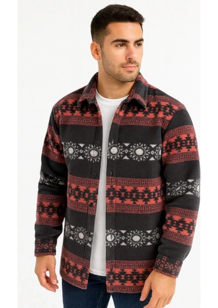 Mdb Erkek Desenli Polar Gömlek – Etnik Şerit Desen Yakalı, Uzun Kollu, Düğmeli, Oversize Rahat Kalıp Füme