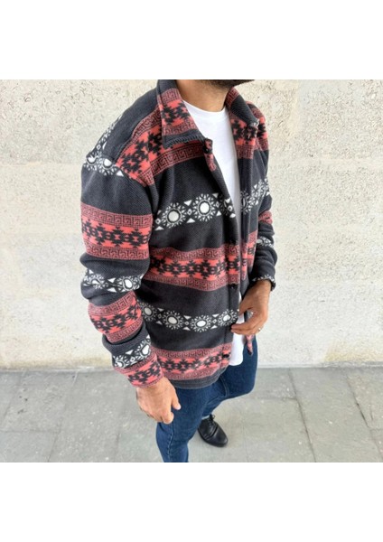 Mdb Erkek Desenli Polar Gömlek – Etnik Şerit Desen Yakalı, Uzun Kollu, Düğmeli, Oversize Rahat Kalıp Füme fiyatları