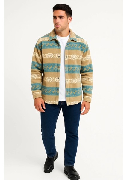 Mdb Erkek Desenli Polar Gömlek – Etnik Şerit Desen Yakalı, Uzun Kollu, Düğmeli, Oversize Rahat Kalıp Arı
