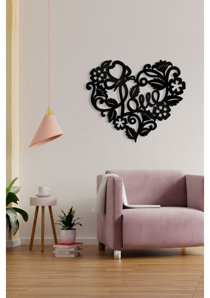 Çiçek Motifli Kalp Metal Tablo – Romantik Dekoratif Aksesuar