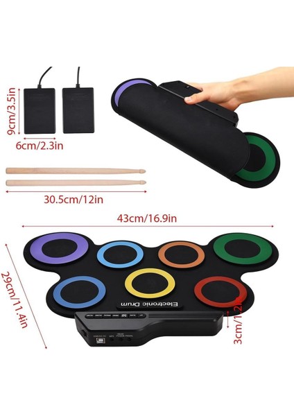 G3002R 7 Ped Gökkuşağı Renkli Elektronik Roll Up Davul Kiti modelleri