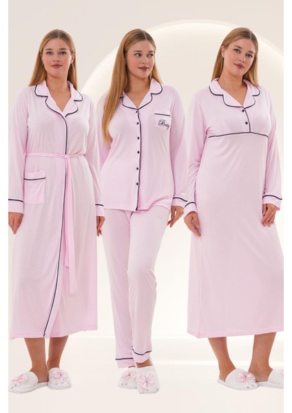 Mecit 6335 Pembe Kadın Sabahlık Gecelik Pijama 4'lü Set