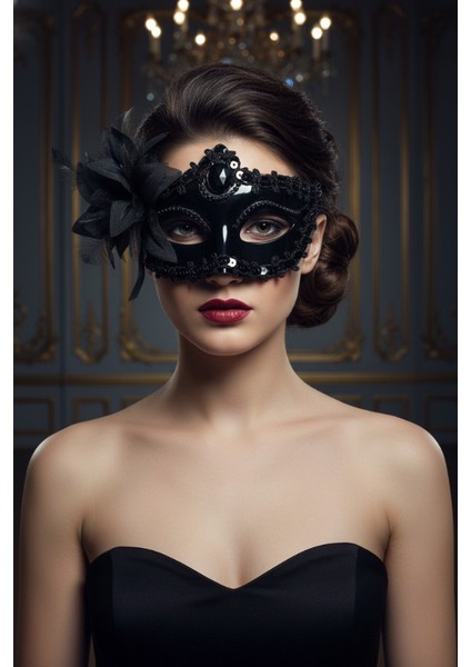 Çiçek Figürlü Siyah Şık Venedik Maskesi