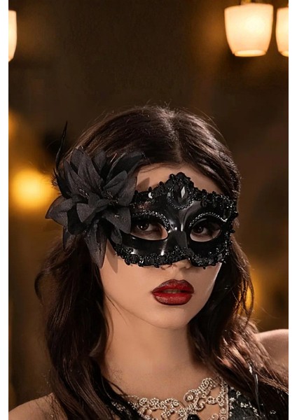 Çiçek Figürlü Siyah Şık Venedik Maskesi modelleri