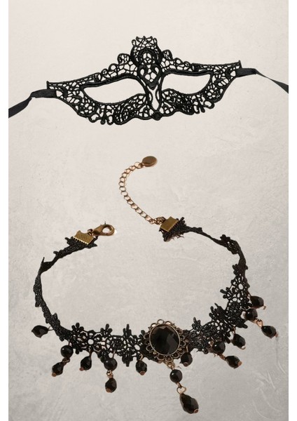 Retro Siyah Dantel İkili Set - Boyunluk ve Göz Maskesi fiyatları