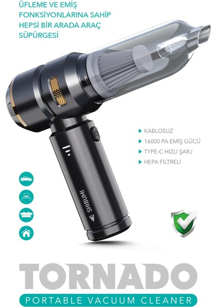Tornado 100W Şarjlı Kablosuz Araç Içi Süpürge Gerçek 16000PA Güçlü Üfleme & Vakum Aksesuarlı Type-C modelleri