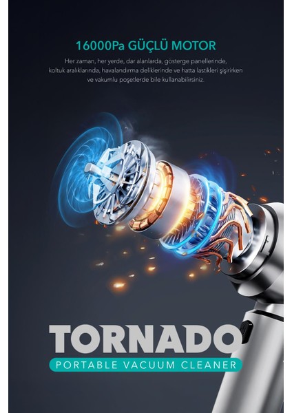 Tornado 100W Şarjlı Kablosuz Araç Içi Süpürge Gerçek 16000PA Güçlü Üfleme & Vakum Aksesuarlı Type-C fırsatları