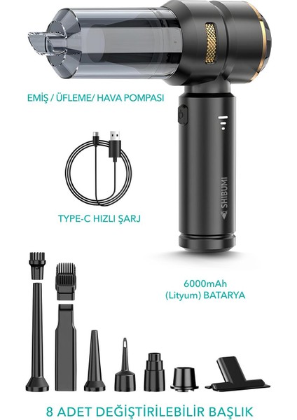 Tornado 100W Şarjlı Kablosuz Araç Içi Süpürge Gerçek 16000PA Güçlü Üfleme & Vakum Aksesuarlı Type-C indirimleri