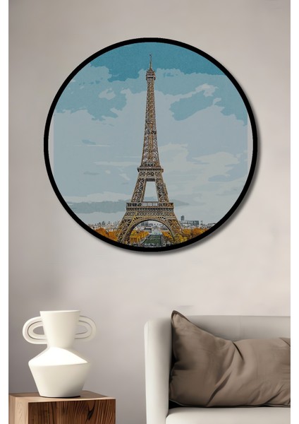 Çerçeve Görünümlü Eyfel Kulesi Dekoratif Ahşap Mdf Işyeri Duvar Tablo Yuvarlak Işyeri Duvar Tablo