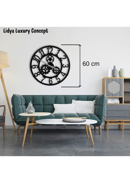 60 cm Disli Detayli Metal Duvar Saati Siyah Loft Tarzi Sessiz