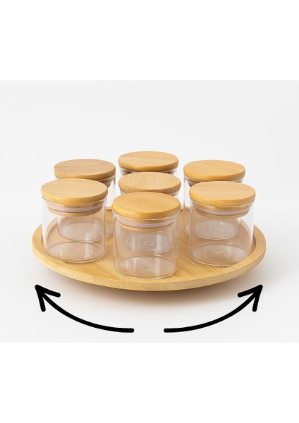 8 Parca Borosilikat Cam Bambu Kapaklı+Bambu Döner Tezgahlı 150 ml Recellık- Baharatlık Takımı