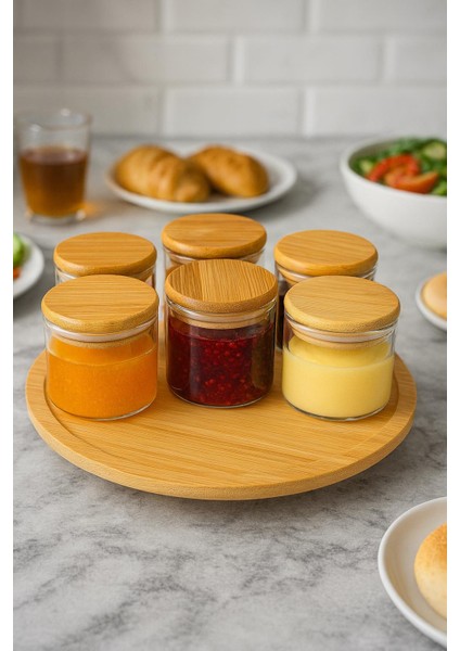 8 Parca Borosilikat Cam Bambu Kapaklı+Bambu Döner Tezgahlı 150 ml Recellık- Baharatlık Takımı fiyatları
