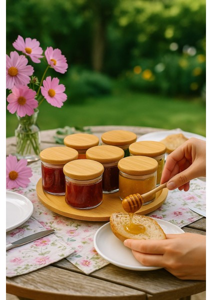 8 Parca Borosilikat Cam Bambu Kapaklı+Bambu Döner Tezgahlı 150 ml Recellık- Baharatlık Takımı modelleri