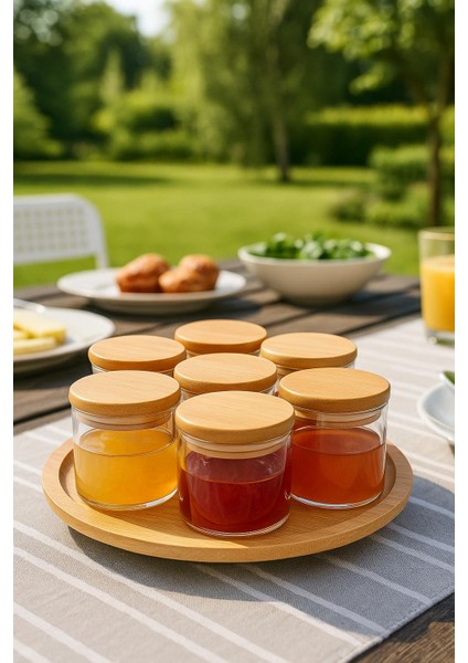 8 Parca Borosilikat Cam Bambu Kapaklı+Bambu Döner Tezgahlı 150 ml Recellık- Baharatlık Takımı fırsatları
