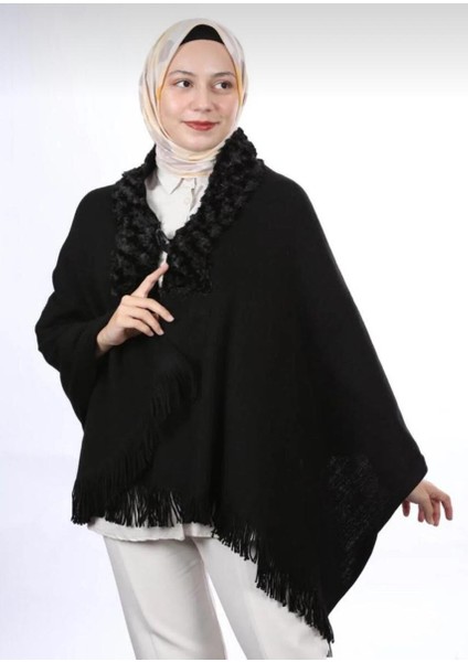 Mc Morcity Kadın Siyah Yakası Kürklü Triko Omuz Şalı