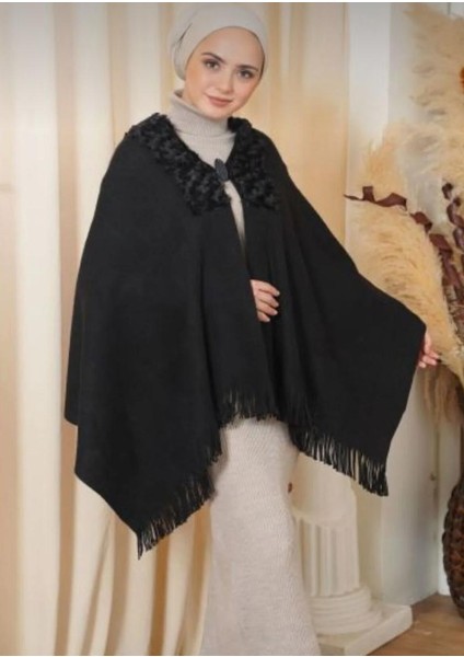 Mc Morcity Kadın Siyah Yakası Kürklü Triko Omuz Şalı fiyatları