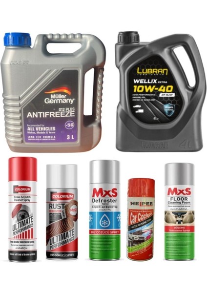 Araç Bakım Seti 10W-40 Yağ Antifriz Balata Pas Sprey Buz Çözücü Döşeme Temizleyici Set