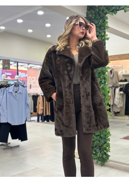 Ekstra Yumuşak Doku Dolgun Kancalı Uzun Kürk Kaban