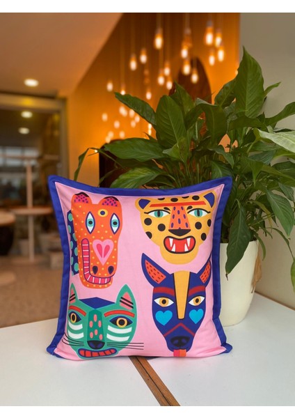 Hayvan Desenli Renkli Çift Taraflı Süet Kırlent Kılıfı - 43X43CM - Renkli Kırlent Kılıfı