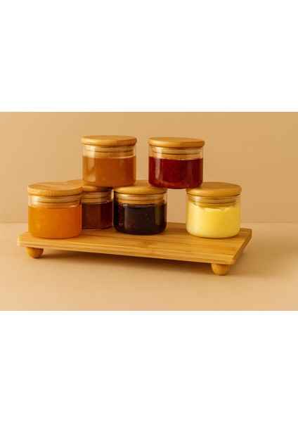 7 Parca Borosilikat Cam Bambu Kapaklı-Bambu Tahta Sunumlu Recellik Seti-Cam Kahvaltı Takımı