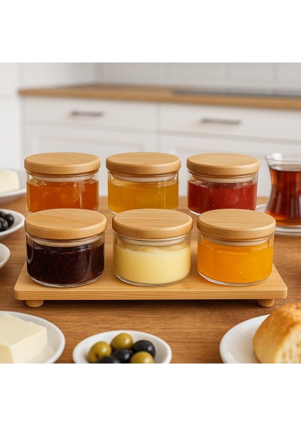 7 Parca Borosilikat Cam Bambu Kapaklı-Bambu Tahta Sunumlu Recellik Seti-Cam Kahvaltı Takımı fiyatları