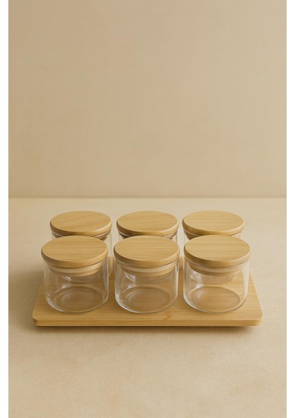 7 Parca Borosilikat Cam Bambu Kapaklı-Bambu Tahta Sunumlu Recellik Seti-Cam Kahvaltı Takımı modelleri