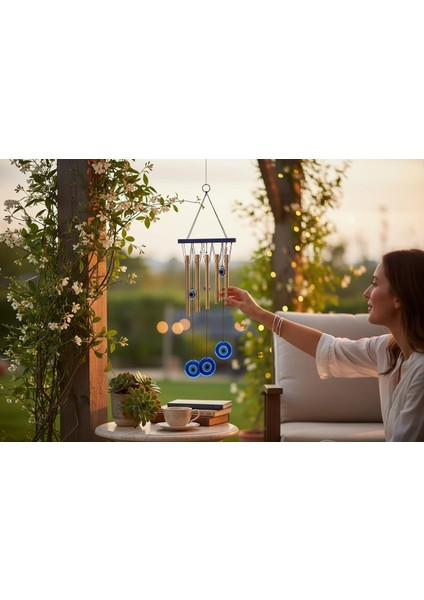 Feng Shui Nazar Boncuğu Rüzgar Çanı Metal Kötü Göze Karşı Dış Mekan Dekoratif Bahçe Kapı Süsü 52 Cm. modelleri
