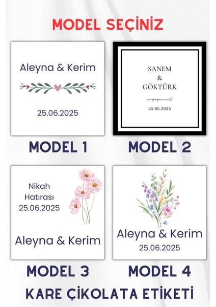 108 Adet Kare Madlen Çikolata Etiketi Isme Özel Söz / Nişan / Nikah Model: 1-2-3-4