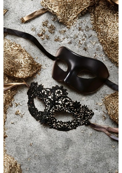 Çiftler İçin İkili Parti Maskesi Seti - Dantel Göz Maskesi ve Venedik Maskesi