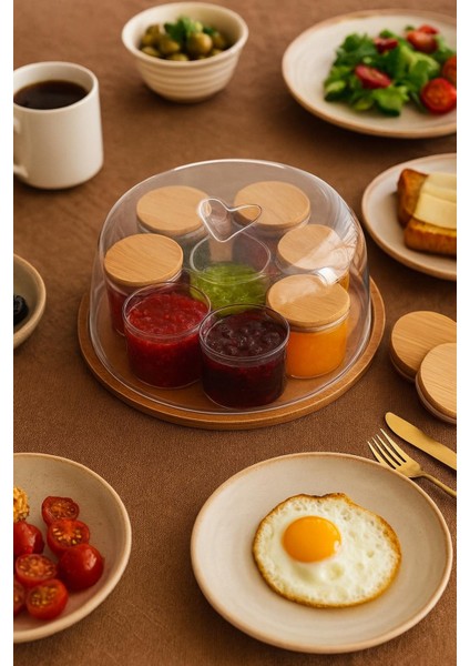 8 Adet 150 ml Borosilikat Yuvarlak Ahsap Fanus - Bambu Kapaklı Recellık-Kahvaltılık - ( 70 x 50 Mm)