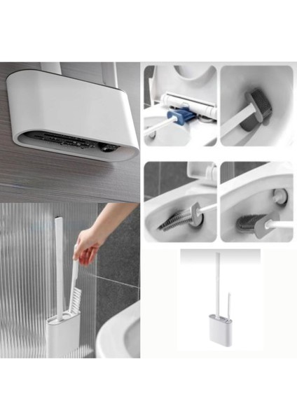 Pratik Wc Temizlik Seti - Silikon Klozet Fırçası ve Ince Detay Fırçası (Duvar Monte Aparatı Dahil)