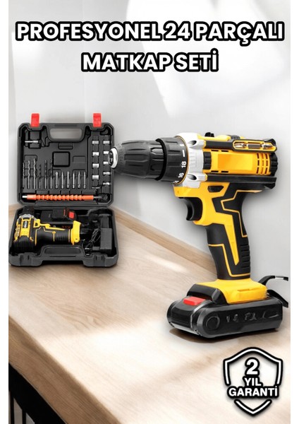Metal Dişli 24W Akülü Matkap -Çift Bataryalı ve LED Çalışma Işığı ile Tam Set