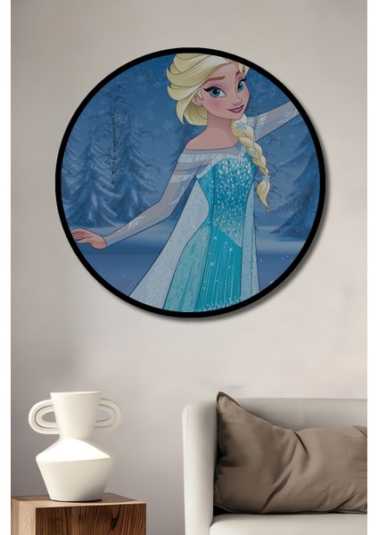 Çerçeve Görünümlü Elsa Büyülü Kış Ahşap Mdf Dekoratif Ev Duvar Tablo Yuvarlak Ev Duvar Tablo