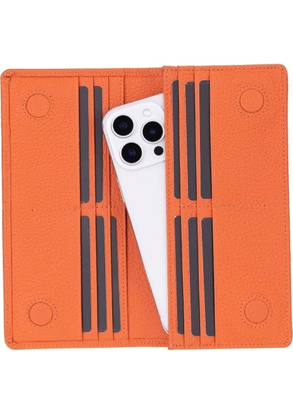 Aura Hakiki Deri, El Yapımı, Telefon Bölmeli, Kadın Cüzdanı, Portakal Renk indirimleri
