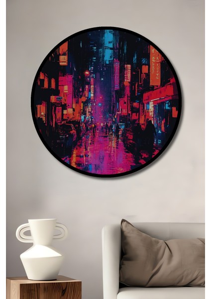 Çerçeve Görünümlü Neon Şehir Gecesi Dekoratif Ahşap Mdf Ev Duvar Tablo Yuvarlak Ev Duvar Tablo
