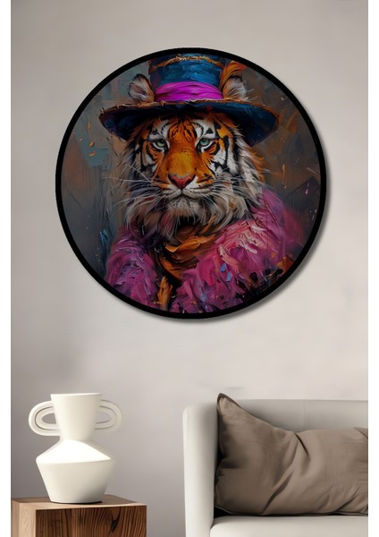 Çerçeve Görünümlü Şık Şapkalı Kaplan Dekoratif Ahşap Mdf Ev Duvar Tablo Yuvarlak Ev Duvar Tablo