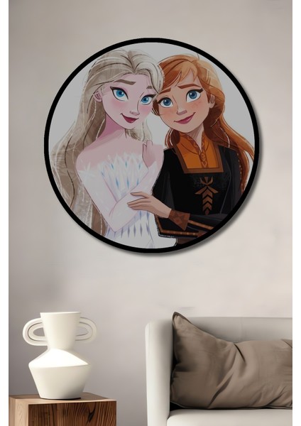 Çerçeve Görünümlü Elsa ve Anna Dekoratif Ahşap Mdf Işyeri Duvar Tablo Yuvarlak Işyeri Duvar Tablo
